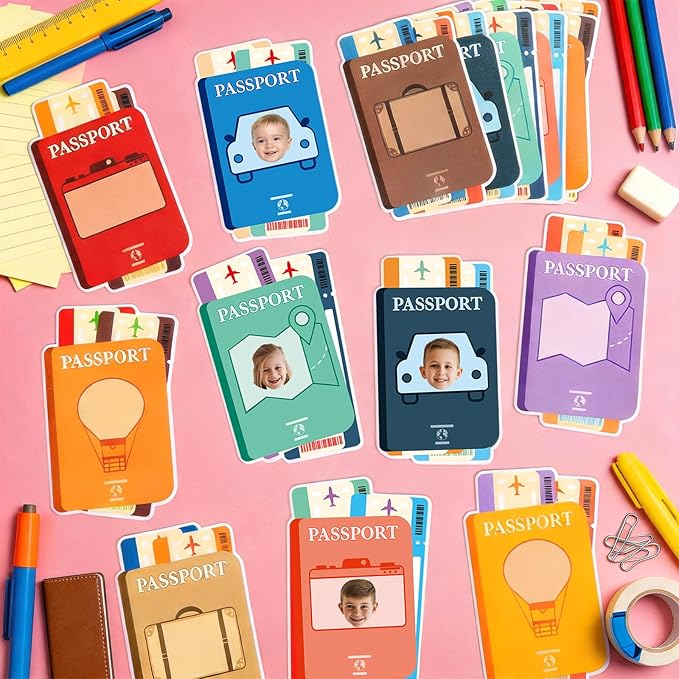 60pcs Passport Theme DIY Cutouts Passport Bulletin Board Decoration Set World Travel Paper Cut-Outs Classroom Decor for Boy Girl Classroom DIY Photo Craft Kindergarten School Wall Door Supplies