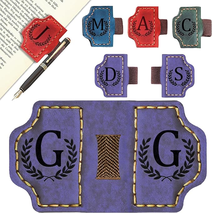 Custom Magnetic Bookmarks with Pen Holder, Personalized 26 Letters Name Initial Leather Bookmark, Leather Book Mark for Men Women Teachers, Readers Book Lovers Gifts (Purple, G)
