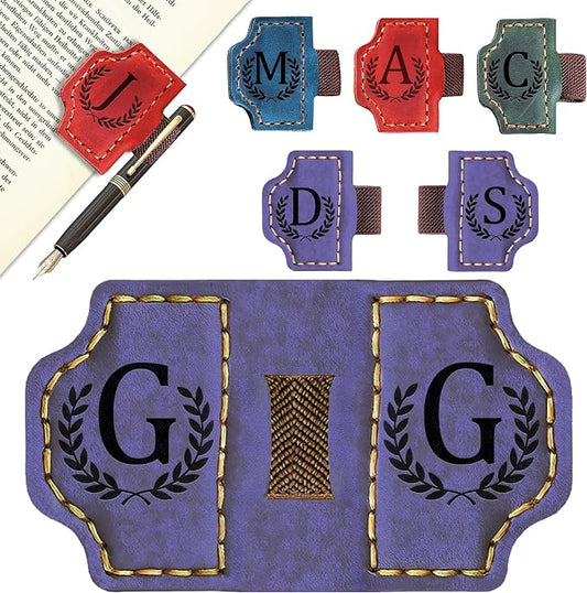 Custom Magnetic Bookmarks with Pen Holder, Personalized 26 Letters Name Initial Leather Bookmark, Leather Book Mark for Men Women Teachers, Readers Book Lovers Gifts (Purple, G)