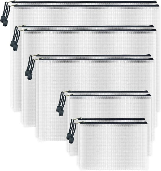 10 Pcs Zipper File Bags, Waterproof Plastic Mesh Pouch for Office School, Board Game Storage Bags (Multi-Size, White and Black)