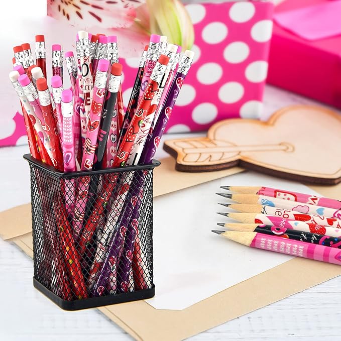 300 Pieces Valentine's Day Pencils for Kids Assortment Cylinder Wood Pencils Bulk Cute Pencils with Erasers for Kids Valentine's Day Party Office School Supplies(Valentine')