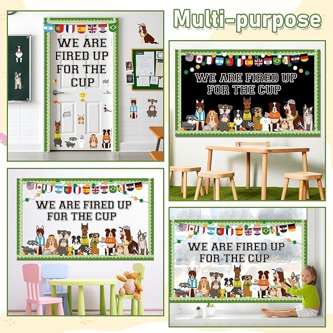 World Soccer Pet Dog Bulletin Board Set Puppy Classroom Decoration World Soccer Cup Cute Dog Bulletin Board Team Spirit Sport Cutouts for School Home Classroom Nursery Chalkboard Wall Decor