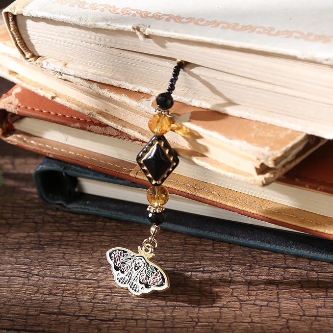 Vintage Moth Moon Beaded Bookmark - Gothic Fantasy Beads Book Mark for Women & Men, Unique Dark Academia Accessories Bookish Gifts for Booklovers Students Teachers
