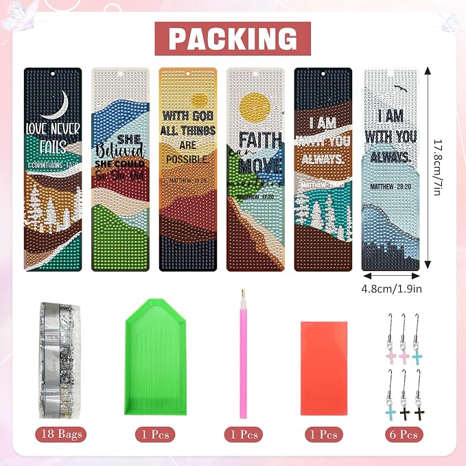 Christian Diamond Art Bookmarks Kit - Boho DIY Diamond Painting Bookmarks with Mountain and Flowers Painting Kits, Religious Bookmark for Adults for Bible Journaling Prayer & Worship Accessories