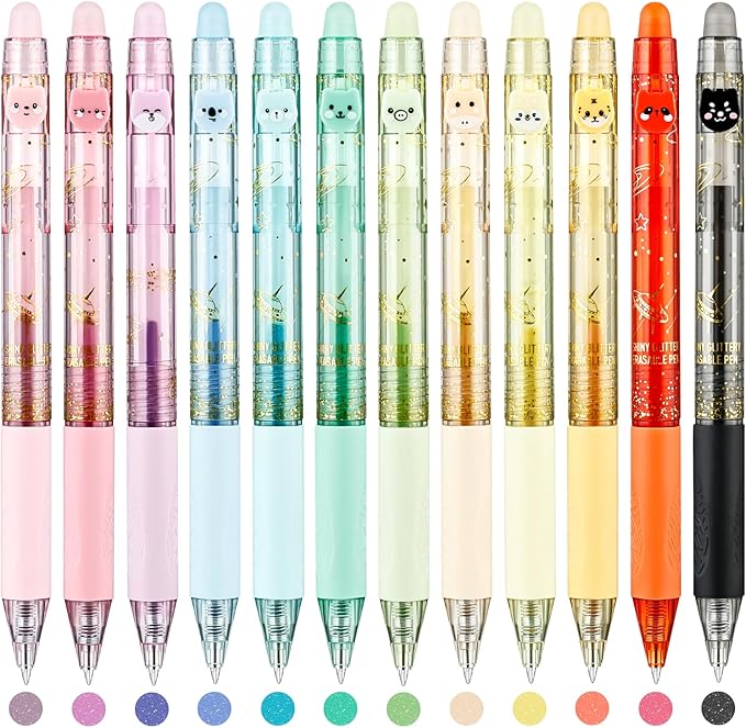 12 Colors Cute Glitter Erasable Pens, 0.5mm Fine Point Colored Retractable Gel Pens, Smooth Writing Ink Pen Marker Make Mistakes Disappear for Coloring Note-Taking Supplies