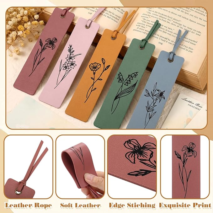Resurhang 5 Pcs Flower Leather Bookmark for Reading with Rope Card Book Mark for Women Men Kid Floral Page Marker Gift for Book Lover Teacher School Student Bridal Shower Gift Bag(Cute Color)