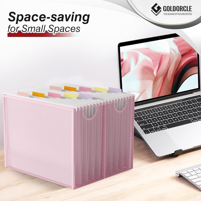 Hanging File Organizer, Letter-Size File Holder Filing Box with 5 Hanging Folders, Metal Mesh Desk File Folder Storage(No Assembly Required) (Pink, with 5 Grey Folders)