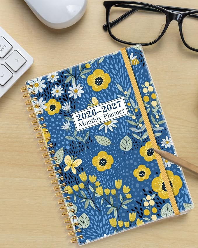Monthly Planner 2026-2027 – Monthly Calendar from May 2026 to December 2027, 20 Month Planner with Spiral Binding, Inner Pocket, Elastic Closure, 5.8" x 8.5", Flower-C