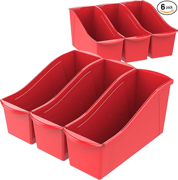 Storex Large Book Bin, Interlocking Plastic Organizer for Home, Office and Classroom, Red, 6-Pack (71102U06C)