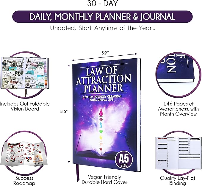 Law of Attraction Planner and Manifestation Journal - A 30 Day Journey Manifesting Your Dream Life, Goal, Positivity, Affirmation & Happiness | Daily Guided & Gratitude Journal, Foldable Vision Board