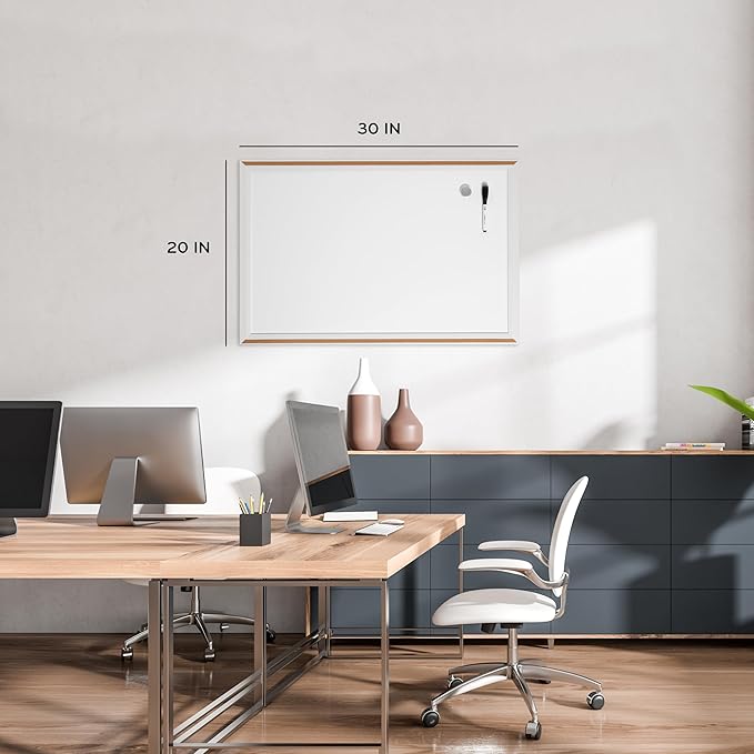 U Brands Magnetic Dry Erase Board White Board, 30" x 20", Modern White Wood Style Pin-It Frame, Includes Marker and Magnet