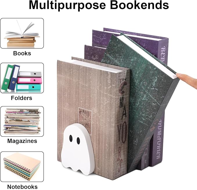 JarThenaAMCS 2Pcs Halloween Wood Bookends White Ghost Shape Wooden Book Stands Cute Ghost Non Skid Book Stoppers for Heavy Books Home School Office Library