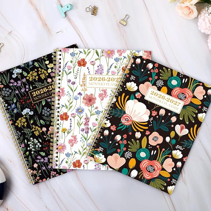 SKYDUE Monthly Planner 2026-2027, 24 Months Calendar Planner 2026-2027, 7.5" x 10" B5 Planner, Twin-wire Spiral Bound, Durable Waterproof Cover, Thick No-Bleed Paper, BlackFloral