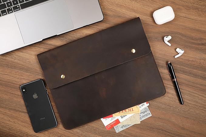 Leather Tablet Sleeve for 11/12.9/13 Inch iPad Pro, Document Holder Folio File Holder, Genuine Leather Sleeve iPad Case for Protection and Style-Dark Khaki-Custom