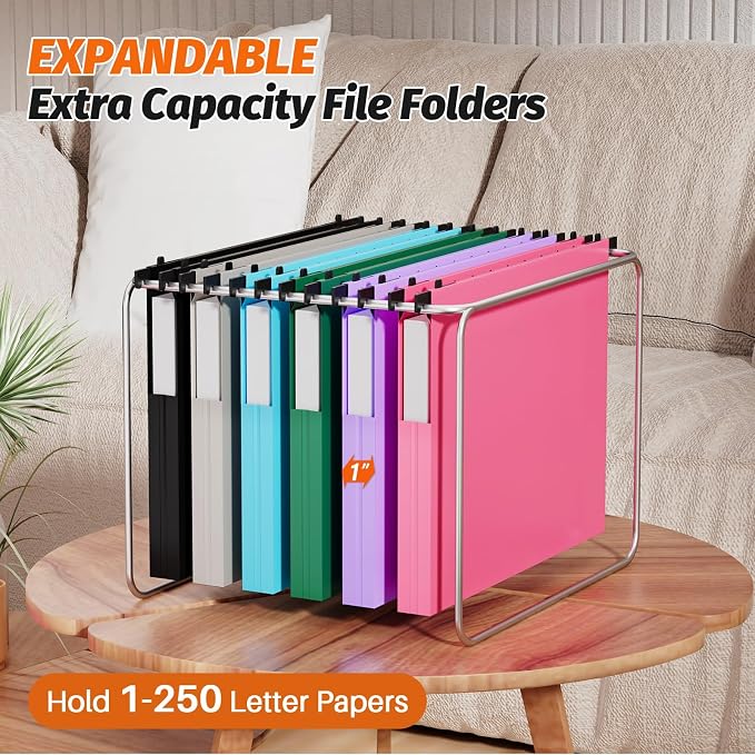 SHUTEX Hanging File Folders Letter Size, 12 Pack File Folders Hanging with Tabs, File Cabinet Folder, 1 Inch Plastic Filing Folders Hanging Expandable for Bulk Files/Medical Charts, Assorted Colors