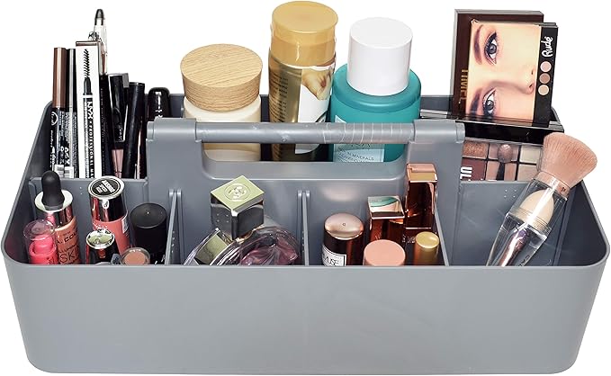 Portable Caddy Organizer - Stackable Plastic Caddy with Handle | Desk, Makeup, Dorm Caddy, Classroom Art Organizers (Made In Usa) (Ivory/Gray/Royal Purple/Black)