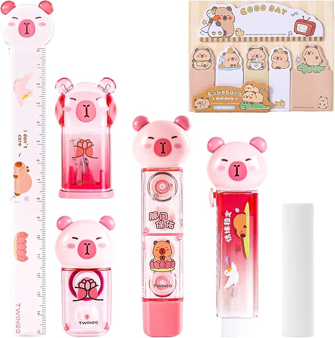 7 Pcs Cute Capybara Stationary Set Kawaii School Supplies Japanese Stationery, Includes Pencil Sharpener, Eraser, Correction Tape, Glue Tape, Sticky Notes, Ruler, for Office School Supplies