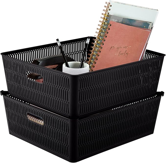 Simplify 4Pk Shallow Slide 2 Stack It Tote Basket | Storage & Organization | Open Bins with Stackable Capability | Bathroom | Crafts | Pantry | Playroom | Office | Black