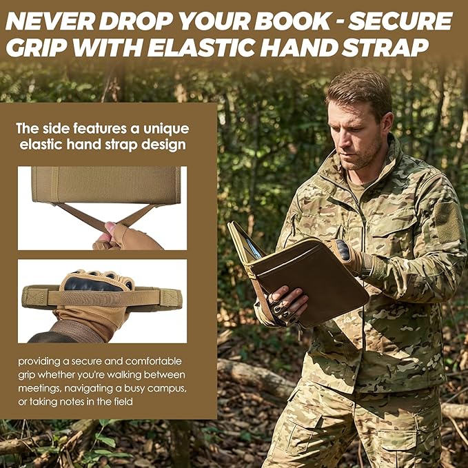 Tactical Notebook Cover, A5 Padfolio 6 Ring Binder with Big Back Pocket & Hand Strap, Zippered Hardcase Planner for Journal, College, Office, Field (Khaki, A5(7.3 x 10 inches))