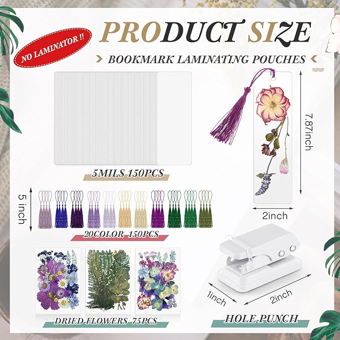 Fuyoooo 376 Pcs Dried Flower Bookmark Making Kit, DIY Bookmark Laminating Pouches with Tassels and Puncher, Handmade Craft Kit for Women, DIY Gifts for Book Lovers (Purple,2 x 8 Inch)