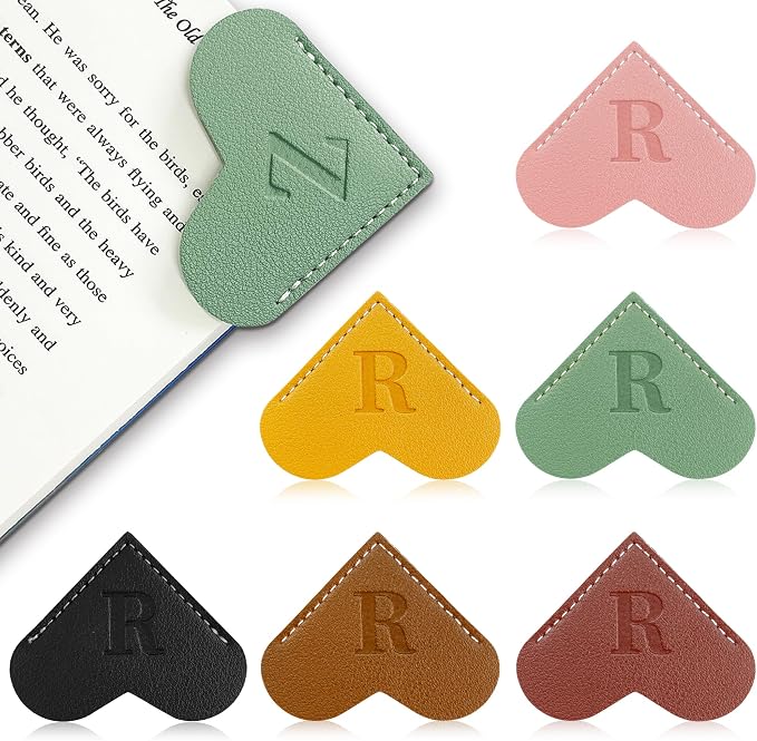 6Pcs Personalized Leather Heart Bookmark with Initial,26 A-Z Letters Cute Corner Book Mark for Reading,Book Page Accessories for Women, Book Lovers, Teachers, Students Gifts