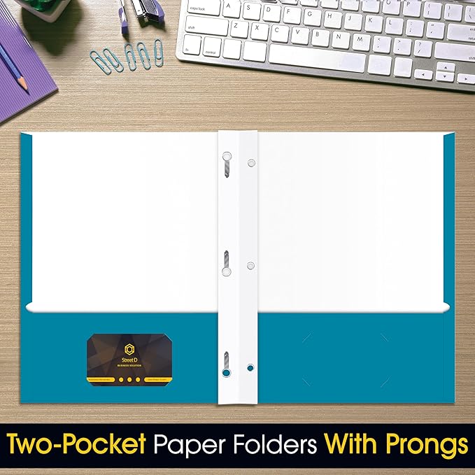 2 Pocket Portfolio Folders with Prongs (Metal Fastener Clips), 25 Pack, Cool Trendy Colors, Fits Letter Size Paper, for School, Office, Home, Matte Finish (Electric Blue)