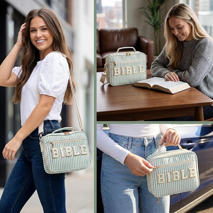 Dansydaisy Bible Cover Case for Women Large Chenille Letter Stripe Church Bible Bag with Shoulder Strap for Women (Sage Green)