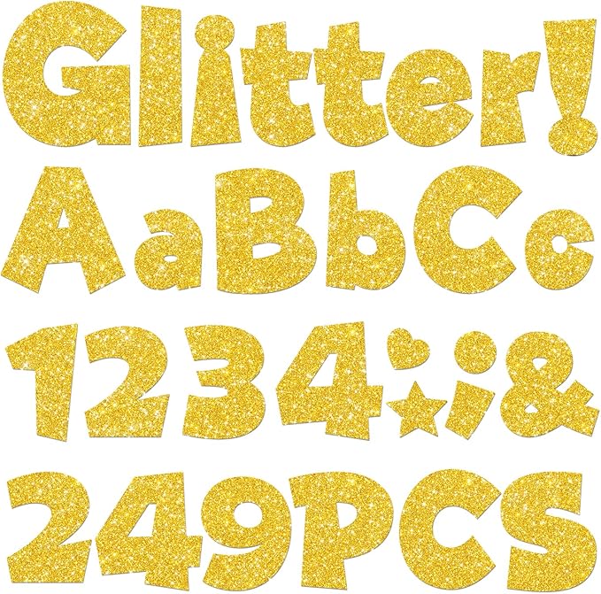 249 Pcs Glitter Bulletin Board Letters Numbers and Punctuation, 4 Inch Alphabet Poster Board Cardboard Letter Cutouts with Adhesive Dots for Classroom Bulletin Board School Decorations (Yellow)