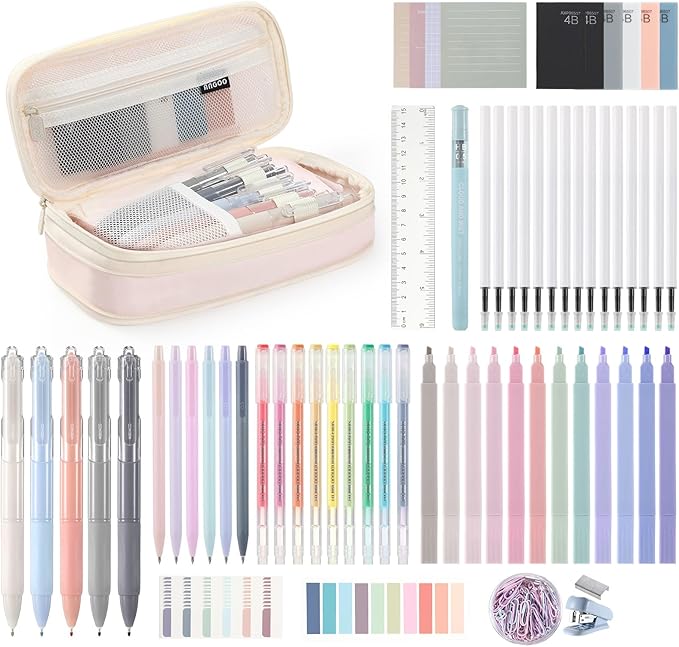 Eersida 74 Pcs Aesthetic School Supplies with Large Pencil Pouch 5 Ink Gel Pens 12 Highlighters 6 Mechanical Pencils 0.5mm 9 Color Pens 4 Note Pads Set for Student Stationary(Morandi,Bright Style)