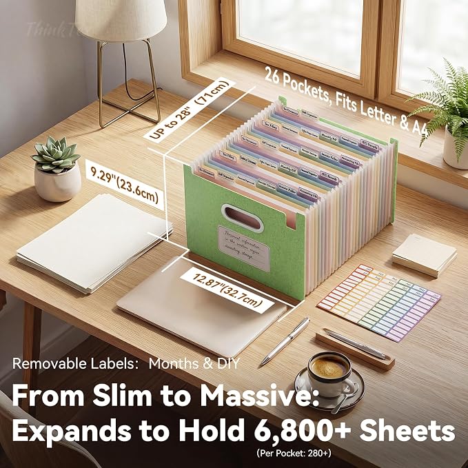 ThinkTex 26-Pocket Accordion File Organizer, Upright Open Top, Monthly Tabs, High Capacity Wheat Straw Expanding File Folder, Fits Letter A4 & Manila Folders for School Home Office -Grass Green