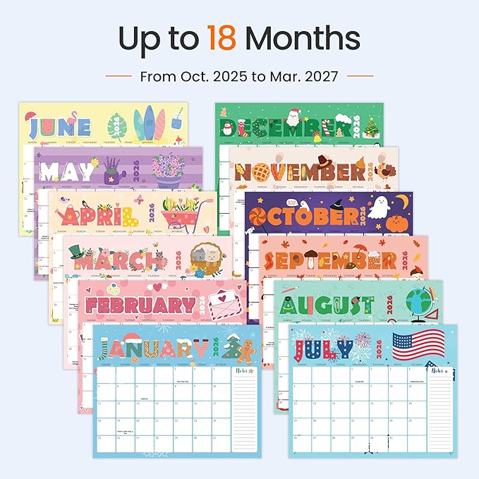 SUNEE 2026 Calendar- 18 Months Oct. 2025 - Mar. 2027, 14.5"x11.5" Big Grid Hanging Calendar 2026 with Note for Organizing & Planning, 2026 Wall Calendar with Note, Cute