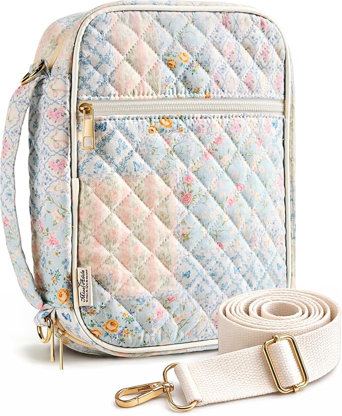 Miss Adola Bible Cover Case for Women - Quilted Bible Carrying Case Organizer Study Bag with Zipper Handle and Shoulder Strap Patchwork Vintage Flower Book Cover for Teen Girls