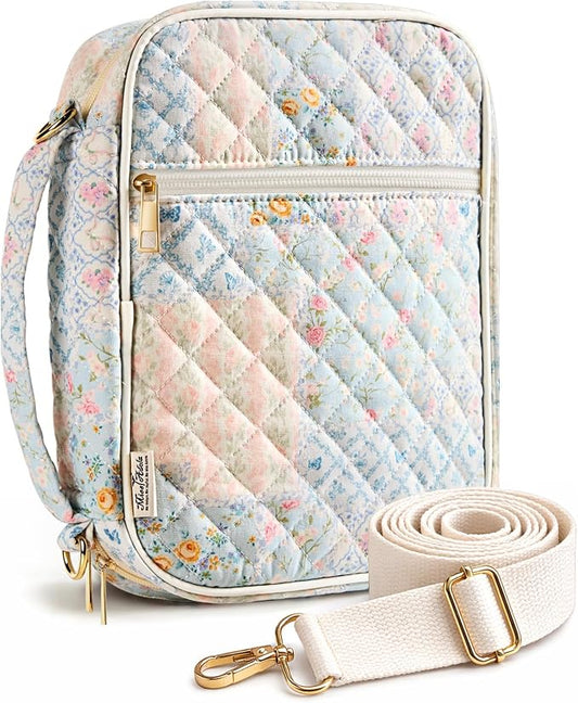 Miss Adola Bible Cover Case for Women - Quilted Bible Carrying Case Organizer Study Bag with Zipper Handle and Shoulder Strap Patchwork Vintage Flower Book Cover for Teen Girls