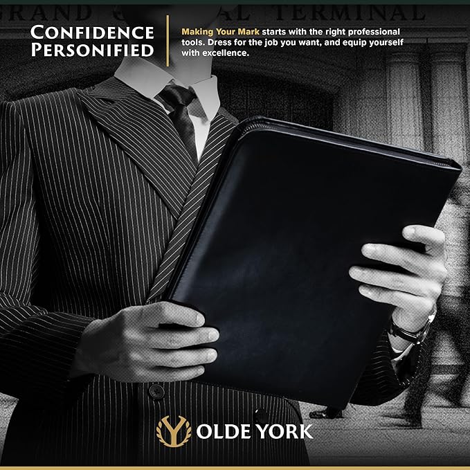 OLDE YORK Leather Padfolio — Leather Binder Portfolio for Men, Padfolio for Men & Women — 100% Authentic Top-Grain Leather (Black)
