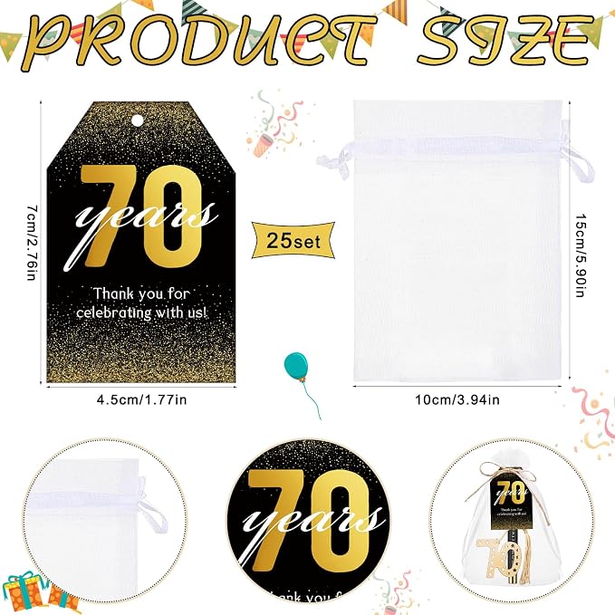 Spakon 25 Set 70th Birthday Party Favor for Guest Anniversary Party Favor Golden Birthday Bookmark Thanks Coming Pen with Tag Appreciation Gifts for Women Men Wedding Anniversary