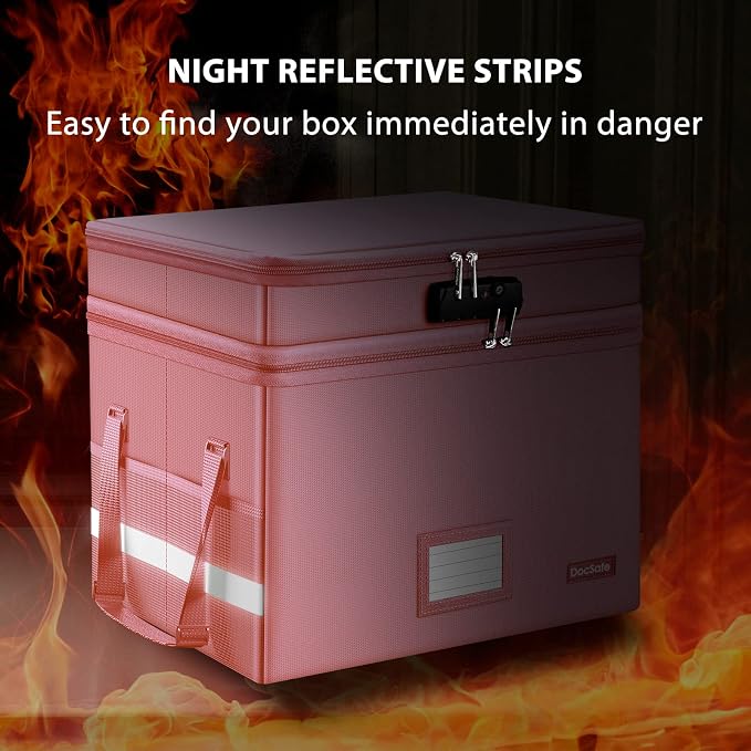 DocSafe File Box with Lock,Multi-Layer Fireproof Document Box Collapsible File Storage Organizer with Pockets/Handle,Large Portable Home Office Filing Safe for Hanging Letter/Legal Size Folders,Pink