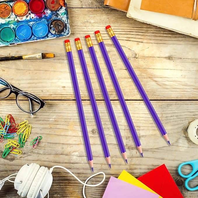 Zhanmai 24 Pieces Purple Pencils with Eraser Pre Sharpened Wooden Erasable HB Checking Pencils with Erasable Tops for Writing Drawing Checking Coloring Tests Grading Map Coloring Editing Office Favors