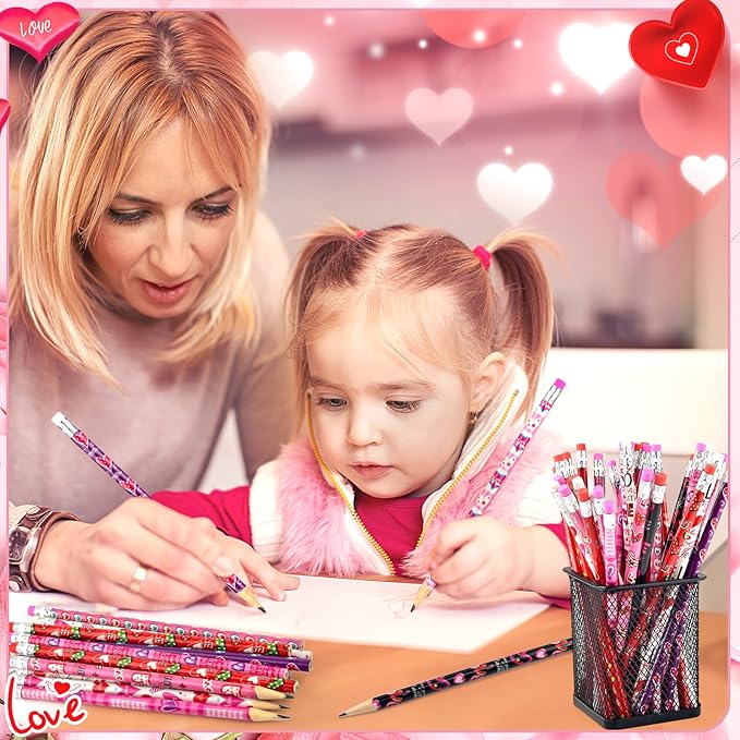300 Pieces Valentine's Day Pencils for Kids Assortment Cylinder Wood Pencils Bulk Cute Pencils with Erasers for Kids Valentine's Day Party Office School Supplies(Valentine')