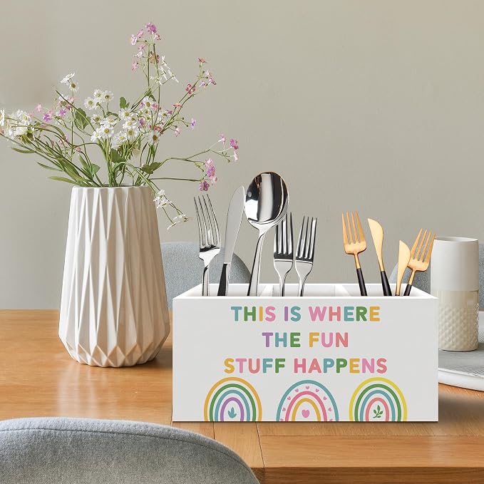 Boho Rainbow Classroom Pen Holder, Kids Pen Pencil Holder Organizer for Desk Accessories, Pastel Playroom Wooden Box Desk Decor for Kids Nursery Room Bedroom Classroom Desk Decorations