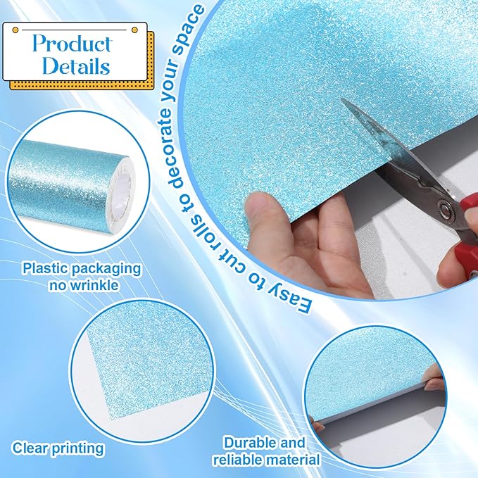 gisgfim 16" x20ft Glitter Bulletin Board Paper Roll Sparkle Color Bulletin Board Background Poster Paper Non Fading Gift Wrapping DIY Art Crafts for Office Classroom Decoration, Light Blue