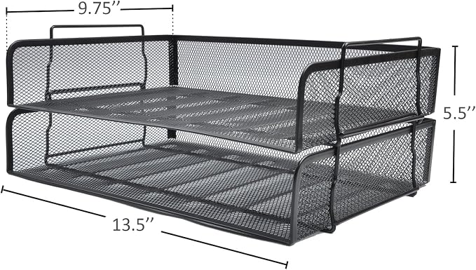 EASEPRES 2 Pack Stackable Desk Paper Tray, Metal Mesh Desktop Document Letter File Organizer for Office Home School, 13.5'' L x 9.75'' W x 5.5'' H, Black