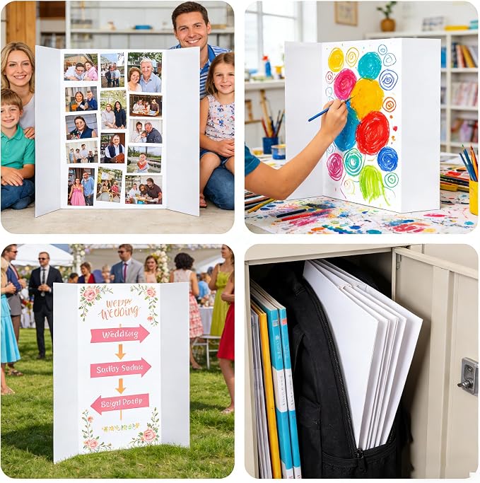 6 Pack Trifold Display Board (24" x16"), White Corrugated Poster Board for School Projects, Science Fairs, Presentations