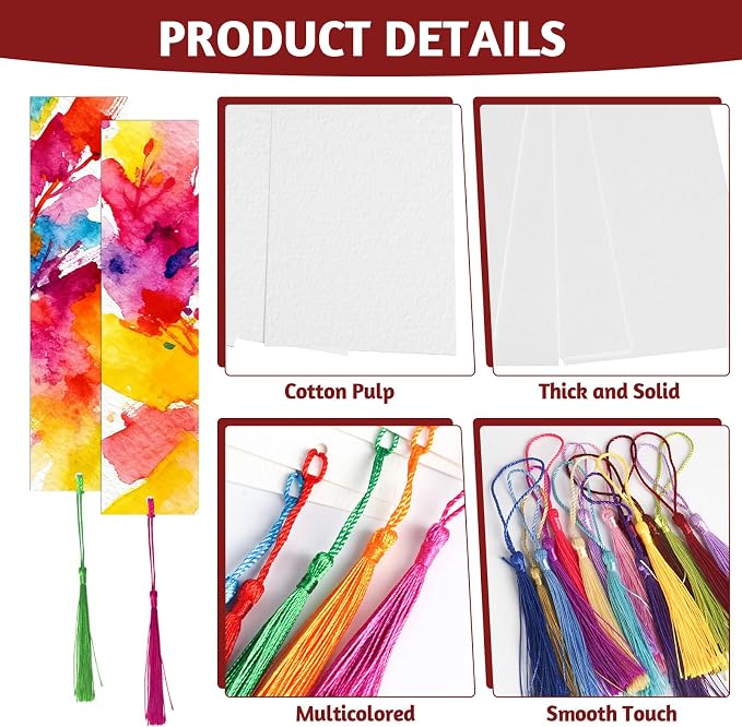 LOTMER 200 Pcs Watercolor Paper Blank Bookmarks with Colorful Tassels Book Marks Tassels DIY Kit Cotton Watercolor Paper Bookmarks with Hole for DIY and Gifts Tags 7.87x1.97 inch