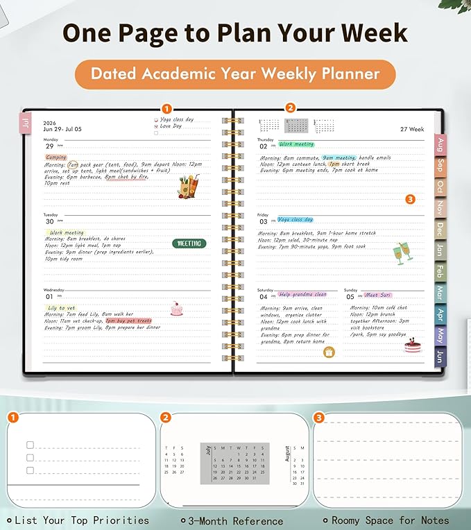 Academic Planner 2026-2027, Weekly and Monthly Calendar Planner from July 2026 - June 2027, 6.1" x 8.2" A5 Large Daily Agenda Book with Tabs, Flexible Cover, College School Organizer for Student Teacher, Black