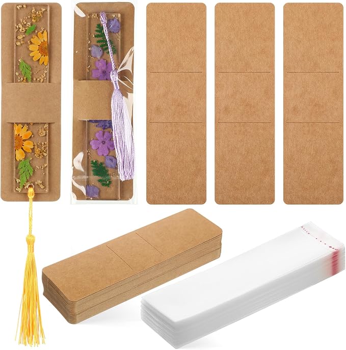 Honoson 200 Set Bookmark Holders Gift Set Kraft Paper Bookmark Sleeves Transparent Self Adhesive Bag DIY Blank Cover Display Cards for Wrapping Small Business Supplies Reading Party Favor