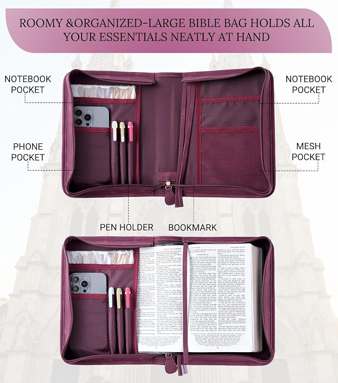 Vegan Leather Bible Cover for Men & Women, Bible Case with Gift Box, Christian Catholic Religious Bible Gifts (Red)