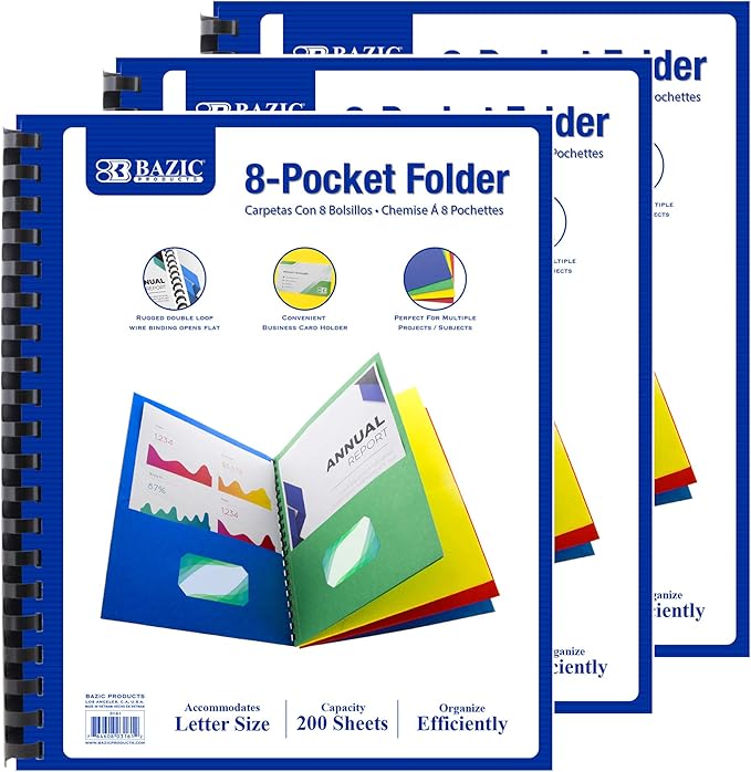 BAZIC Products 8 Pocket Folder Portfolio, Double Loop Wire Binding, Letter Size Paper Organizer for Office, School, Business, Presentations, Projects & Document Storage, 3-Pack