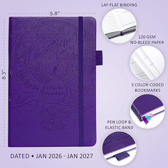 Legend Planner Jan 2026 – Jan 2027 Dated Weekly & Monthly Planner to Hit Your Goals, Increase Productivity & Live Happier. Organizer Notebook & Productivity Journal. A5 Hardcover (Purple)