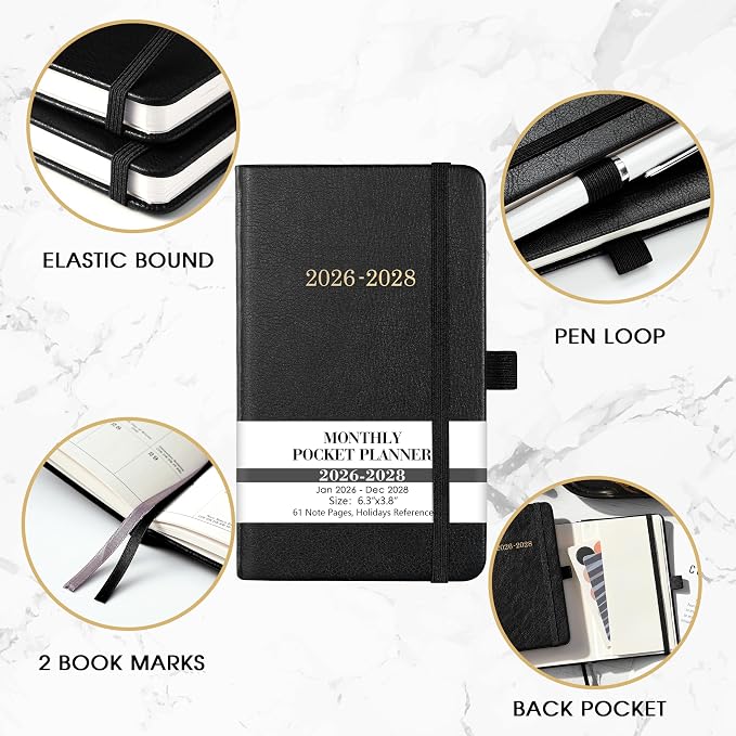 Pocket Planner/Calendar 2026-2028 - 3 Year Monthly Planner 2026-2028, Jan. 2026 - Dec. 2028(36 Months), 6.2" x 3.8", Pocket Planner with 60 Note Pages, Pen Holder, Back Pocket - Black