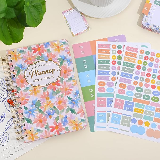 Planner 2026-2027, Floral 18 Months Academic Daily Weekly Monthly Planner Yearly Agenda July. 2026–Dec. 2027, 5.58" x 6.3", Month Tabs, Pocket Folder, Bookmark, Stickers,Ruler with Sticky Note Set